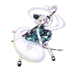 Rule 34 | 1girl, black bow, black bowtie, black footwear, black hairband, blue eyes, bow, bowtie, closed mouth, flower, frilled skirt, frills, full body, game cg, ghost, green skirt, green vest, grey hair, hairband, highres, holding, holding sword, holding weapon, katana, konpaku youmu, konpaku youmu (ghost), long sleeves, looking at viewer, multiple swords, pink flower, rotte (1109), shirt, short hair, simple background, skirt, socks, solo, sword, third-party source, touhou, touhou lostword, v-shaped eyebrows, vest, weapon, white background, white shirt, white socks