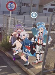 Rule 34 | 3girls, absurdres, animal costume, black shorts, blue eyes, blue hair, blue hoodie, blue sleeves, blush, chain-link fence, chest jewel, circlet, colored inner hair, colored shoe soles, colored tips, commentary, day, dress, dvljoe, fence, fins, fish tail, gawr gura, gawr gura (1st costume), gem, google maps, grey hair, grin, hair ornament, hashtag-only commentary, high ponytail, high school girls posing for google street view (meme), highres, hololive, hololive english, hololive indonesia, hood, hoodie, kobo kanaeru, kobo kanaeru (1st costume), koseki bijou, koseki bijou (1st costume), long hair, long sleeves, looking at viewer, medium hair, meme, middle finger, multicolored hair, multiple girls, open mouth, outdoors, pacifier, photo background, puffy long sleeves, puffy sleeves, purple eyes, purple gemstone, purple hair, shark costume, shark girl, shark hair ornament, shark tail, sharp teeth, shoes, shorts, sidelocks, sidewalk, smile, sneakers, socks, split ponytail, standing, standing on one leg, tactile paving, tail, teeth, two-tone hair, very long hair, virtual youtuber, wavy hair, white dress, white footwear, white hair, white hoodie, white socks