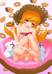 1girl amayofuu bare_shoulders barefoot blonde_hair blush blush_stickers covering_crotch covering_privates donut dress feet female_focus food hat long_hair monogatari_(series) open_mouth oshino_shinobu sitting smile soles solo straw_hat sun_hat toes yellow_eyes