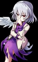 Rule 34 | 1girl, arm rest, bad id, bad twitter id, black background, brown jacket, commentary request, covering own mouth, dress, feathered wings, hair between eyes, hand over own mouth, highres, jacket, jitome, kishin sagume, long sleeves, looking at viewer, manarou, open clothes, open jacket, purple dress, short hair, simple background, single wing, solo, standing, touhou, wings