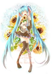 Rule 34 | 1girl, aqua hair, boots, character name, dated, detached sleeves, closed eyes, facing viewer, floral background, flower, full body, hatsune miku, highres, holding, holding flower, long hair, necktie, open mouth, rina2627, skirt, solo, sunflower, thigh boots, thighhighs, twintails, very long hair, vocaloid