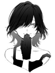 Rule 34 | 1girl, bare shoulders, check copyright, collarbone, copyright request, ears visible through hair, eyes visible through hair, gloves, greyscale, hand to own mouth, highres, long hair, maki keigo, mole, mole under mouth, monochrome, original, parted lips, simple background, smile, solo, upper body, white background