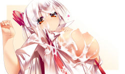 Rule 34 | 1girl, blush, bow, breasts, breasts out, bukkake, cum, cum on body, cum on breasts, cum on clothes, cum on hair, cum on upper body, dragonmaterial, facial, female focus, fujiwara no mokou, hair bow, hair ribbon, highres, large breasts, long hair, nipples, open clothes, open shirt, red eyes, ribbon, shirt, solo, suspenders, touhou, white hair