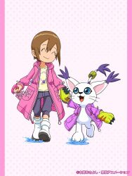 Rule 34 | 1girl, ^ ^, boots, brown hair, child, closed eyes, closed umbrella, commentary request, crests (digimon), digimon, digimon (creature), digimon adventure, highres, holding, holding hands, holding umbrella, official art, open mouth, pants, pink raincoat, pink umbrella, puddle, purple raincoat, raincoat, shirt, short hair, smile, tailmon, umbrella, water, white footwear, yagami hikari, yellow shirt