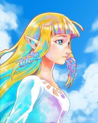 Rule 34 | 1girl, arms at sides, artist name, blonde hair, blue eyes, breasts, cloud, collarbone, day, dress, eyelashes, facing to the side, feet, female focus, from side, hair ornament, happy, highres, long hair, long sleeves, looking afar, neck, nintendo, no bra, olyvee, outdoors, parted lips, pink footwear, pointy ears, princess zelda, profile, sandals, shiny clothes, sidelocks, sky, small breasts, standing, the legend of zelda, the legend of zelda: skyward sword, toga, tunic, upper body, white dress, white tunic, wide sleeves