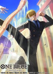 Rule 34 | 2boys, attack trail, bon clay, cigarette, cityscape, clenched teeth, curly eyebrows, duel, formal, from below, hair over one eye, kicking, leg hair, leg lift, looking to the side, male focus, midair, multiple boys, official art, one piece, otton, sanji (one piece), short hair, smoking, solo focus, suit, teeth, x limbs