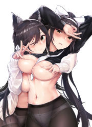 Rule 34 | 2girls, ;&lt;, animal ears, arm behind head, arm up, atago (azur lane), atago (school traumerei) (azur lane), azur lane, black hair, black legwear, black serafuku, blush, bow, breasts, brown eyes, cardigan, closed mouth, clothes lift, commentary request, covering breasts, covering privates, crotch seam, extra ears, hair bow, hair flaps, hair ribbon, hairband, half-closed eyes, highres, hug, large breasts, long hair, looking at viewer, mappaninatta, mole, mole under eye, multiple girls, navel, neckerchief, no bra, one eye closed, open cardigan, open clothes, panties, panties under pantyhose, pantyhose, ponytail, ribbon, school uniform, serafuku, shirt lift, simple background, smile, stomach, swept bangs, takao (azur lane), takao (school romanza) (azur lane), thighband pantyhose, underwear, uniform, v, very long hair, white background, white bow, white hairband, white neckerchief, white panties, white ribbon, yuri
