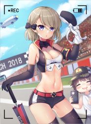 Rule 34 | 1boy, 1girl, :d, :o, aircraft, asymmetrical gloves, azur lane, baseball cap, belt, belt buckle, beret, black bow, black gloves, black hat, black pants, black shorts, black sleeves, black thighhighs, blue sky, blush, bow, breasts, brown hair, buckle, cellphone, chuor (chuochuoi), cleavage, closed eyes, cloud, commentary request, crop top, day, detached sleeves, dirigible, drooling, elbow gloves, gloves, hair between eyes, hair bow, hat, head tilt, holding, holding clothes, holding hat, holding phone, light brown hair, long sleeves, looking at viewer, medium breasts, midriff, navel, open mouth, outdoors, pants, parted lips, phone, purple eyes, race queen, red belt, shirt, short shorts, shorts, single detached sleeve, single elbow glove, sky, sleeveless, sleeveless shirt, smile, solo focus, taking picture, thighhighs, umbrella, uneven gloves, unworn hat, unworn headwear, white gloves, white shirt, z23 (azur lane)