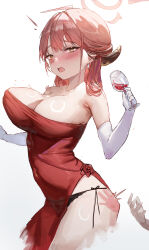 Rule 34 | 1girl, absurdres, aru (blue archive), aru (dress) (blue archive), black panties, blue archive, blush, breasts, cowboy shot, dress, halo, highres, horns, hui zhong zhi meng, injury, large breasts, panties, pink halo, red dress, simple background, solo, underwear, white background, yellow eyes