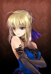 Rule 34 | 10s, 1girl, ahoge, alternate costume, artoria pendragon (fate), bare shoulders, black gloves, blonde hair, dress, elbow gloves, fate/extella, fate/extra, fate/stay night, fate (series), formal, gloves, green eyes, hair ribbon, omcm, ribbon, saber (fate), solo
