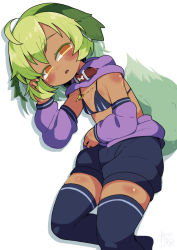 Rule 34 | ahoge, animal collar, animal ears, artist request, bikini, bikini top only, black thighhighs, blush, borrowed character, collar, dark-skinned female, dark skin, detached sleeves, dog ears, dog girl, dog tail, ears down, from above, green tail, jewelry, light green hair, lying, necklace, orange eyes, original, purple scarf, purple sleeves, scarf, signature, solo, squinting, swimsuit, tail, thighhighs, titi (babalilo)