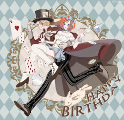 Rule 34 | 1boy, 1girl, alice in wonderland, alternate costume, bow, rabbit, card, clock, cup, hat, highres, koala (one piece), one piece, playing card, pocket watch, running, sabo (one piece), saddle shoes, saucer, shoes, spatterdashes, teacup, top hat, watch
