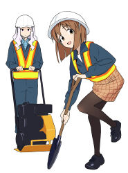 2girls black_footwear blue_jacket blue_jumpsuit blue_shirt blunt_ends bob_cut brown_eyes brown_hair brown_pantyhose brown_skirt collared_shirt expressionless full_body hagiwara_yukiho hard_hat helmet high-visibility_clothing high-visibility_vest highres holding holding_shovel idolmaster idolmaster_(classic) jacket jumpsuit long_hair long_sleeves looking_at_viewer looking_to_the_side multiple_girls object_request pantyhose pink_eyes plaid_clothes plaid_shirt plaid_skirt purple_hair shijou_takane shirt shoes short_hair shovel simple_background skirt some1else45 standing standing_on_one_leg two-handed white_background white_shirt working