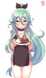 Rule 34 | 1girl, alternate costume, artist logo, black ribbon, cowboy shot, curry, curry rice, dated, food, green eyes, green hair, hair between eyes, hair flaps, hair ornament, hair ribbon, hairclip, highres, holding, jacket, kanon (kurogane knights), kantai collection, long hair, looking at viewer, open mouth, parted bangs, plate, ponytail, ribbon, rice, simple background, solo, standing, white background, yamakaze (kancolle)