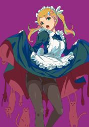 Rule 34 | 1girl, :3, apron, black dress, black pantyhose, blonde hair, cat, clothes lift, dress, dress lift, earrings, feet out of frame, frilled apron, frills, green eyes, hair ornament, hairclip, highres, jewelry, lifted by self, long hair, long sleeves, looking at viewer, maid, maid apron, maid headdress, melting, open mouth, original, pantyhose, purple background, simple background, sody, solo, stud earrings, surreal, swept bangs, tongue, too many, too many cats, twintails, white apron