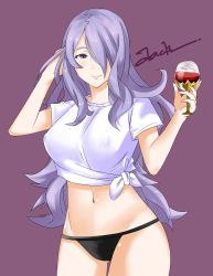Rule 34 | 1girl, alcohol, camilla (fire emblem), cup, drinking glass, fire emblem, fire emblem fates, hair over one eye, highres, j@ck, long hair, looking at viewer, navel, nintendo, panties, pantyshot, purple hair, shirt, signature, simple background, solo, tied shirt, underwear, white shirt, wine, wine glass