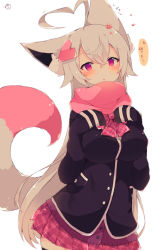 Rule 34 | 1girl, :o, ahoge, animal ear fluff, animal ears, black jacket, black thighhighs, blazer, blush, breasts, cardigan, commentary request, flower, fox ears, fox girl, fox tail, grey hair, hair between eyes, hair flower, hair ornament, hands up, heart, heart ahoge, heart hair ornament, highres, jacket, large breasts, long hair, long sleeves, looking at viewer, muuran, original, parted lips, petals, pink skirt, plaid, plaid skirt, pleated skirt, purple cardigan, purple eyes, red flower, signature, simple background, skirt, sleeves past fingers, sleeves past wrists, solo, tail, tail raised, thighhighs, translation request, very long hair, white background