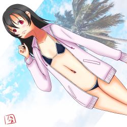 Rule 34 | 1girl, alternate hairstyle, bare legs, bikini, black bikini, black hair, blue-sky, blush, bow, breasts, cloud, collarbone, day, female focus, flast chest, hair between eyes, hair bow, hair down, highres, jacket, long hair, long sleeves, looking at viewer, love live!, love live! school idol project, navel, navel piercing, outdoors, palm tree, parted lips, piercing, pink jacket, red eyes, signature, sky, small breasts, smile, solo, standing, swimsuit, tree, worried, yazawa nico, zero mozzarella