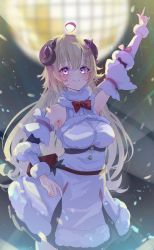 Rule 34 | 1boy, ahoge, belt pouch, black skirt, blonde hair, blush, bow, bowtie, breasts, brooch, closed mouth, cowboy shot, detached sleeves, disco ball, dress, fur-trimmed dress, fur-trimmed sleeves, fur trim, hair ornament, hairclip, highres, hololive, horns, index finger raised, jewelry, long hair, looking at viewer, medium breasts, miniskirt, motoi (croa76), police, police uniform, pouch, purple eyes, red bow, red bowtie, sheep girl, sheep horns, short dress, skirt, sleeveless, sleeveless dress, smile, solo, tsunomaki watame, tsunomaki watame (1st costume), underbust, uniform, virtual youtuber, white dress