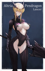 Rule 34 | 1girl, absurdres, ahoge, armor, artist name, artoria pendragon (fate), artoria pendragon (lancer alter) (fate), bamuth, blonde hair, blue background, bodysuit, braid, breasts, character name, cleavage, closed mouth, clothing cutout, fate/grand order, fate (series), french braid, gauntlets, hair ornament, highres, holding, holding weapon, large breasts, lips, looking at viewer, pale skin, polearm, rhongomyniad (fate), ribbed bodysuit, simple background, skin tight, solo, spear, thigh cutout, turtleneck, underboob, weapon, yellow eyes