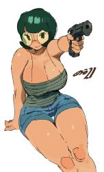 Rule 34 | 1girl, absurdres, aiming, aiming at viewer, artist name, black hair, blue shorts, breasts, cleavage, feet out of frame, glasses, grey shirt, gun, highres, holding, holding gun, holding weapon, huge breasts, invisible chair, medium hair, original, round eyewear, shadow, shirt, shorts, simple background, sitting, solo, weapon, white background, whoopsatro