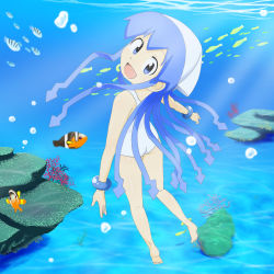 Rule 34 | 1girl, ass, barefoot, blue hair, bracelet, bubble, female focus, fish, gradient background, highres, ikamusume, jewelry, looking at viewer, looking back, nature, one-piece swimsuit, plant, sat-c, shinryaku! ikamusume, short hair, smile, solo, swimsuit, underwater, white one-piece swimsuit