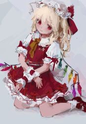Rule 34 | 1girl, ascot, closed mouth, flandre scarlet, full body, grey background, hat, head tilt, highres, light smile, looking at viewer, mary janes, medium hair, mob cap, multicolored wings, one side up, puffy short sleeves, puffy sleeves, red eyes, red footwear, red ribbon, red skirt, red vest, reddizen, ribbon, shirt, shoes, short sleeves, simple background, skirt, sleeve ribbon, socks, solo, touhou, vest, white hat, white shirt, white socks, wings, wrist cuffs, yellow ascot