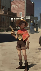 Rule 34 | 1girl, 2boys, aged down, boots, brown eyes, brown gloves, brown hair, brown legwear, brown shirt, brown shorts, building, cape, cassidy (overwatch), child, commentary, cowboy, cowboy hat, cowboy western, fence, full body, gloves, hat, highres, holding, holding toy, holding weapon, house, looking at viewer, male focus, multiple boys, outdoors, overwatch, overwatch 1, ping (caoyanping198793), red cape, shadow, shirt, shorts, silhouette, socks, solo focus, toy, toy gun, utility pole, weapon, western