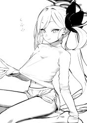 Rule 34 | 1girl, absurdres, blue archive, breasts, clothes lift, greyscale, hair ornament, halo, highres, long hair, long sleeves, monochrome, mutsuki (blue archive), navel, shirt, shirt lift, short shorts, shorts, side ponytail, simple background, sitting, small breasts, syhan, white background