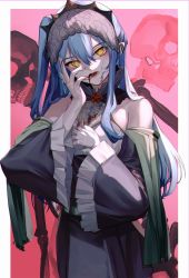 Rule 34 | 1girl, absurdres, bare shoulders, blood, blood from mouth, blood on clothes, blue hair, eredhen, frilled sleeves, frills, highres, hololive, hoshimachi suisei, letterboxed, long hair, long sleeves, one side up, open mouth, pink background, solo, star-shaped pupils, star (symbol), symbol-shaped pupils, virtual youtuber, wide sleeves, yellow eyes