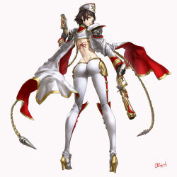 Rule 34 | 1girl, alternate costume, ass, back, bare back, black gloves, boots, braid, brown hair, butt crack, cape, commentary request, commission, cosplay, crown braid, detached sleeves, dual wielding, full body, gloves, granblue fantasy, gun, hat, high heel boots, high heels, highres, holding, holding weapon, ilsa (granblue fantasy), ilsa (granblue fantasy) (cosplay), long sleeves, looking at viewer, looking back, niijima makoto, ozkh, pants, persona, persona 5, red eyes, short hair, signature, simple background, solo, standing, torn clothes, uniform, weapon, white background