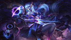 Rule 34 | 1girl, absurdres, alternate costume, alternate hairstyle, amekoi, bare shoulders, blue dress, blue eyes, blue skin, broken, closed mouth, clothes lift, colored skin, dress, dress lift, feet out of frame, frilled dress, frills, gwen (league of legends), hair ornament, highres, holding, holding scissors, league of legends, long hair, looking at viewer, pink eyes, purple lips, scissors, smile, solo, space, space print, starry sky print, symbol in eye, white hair