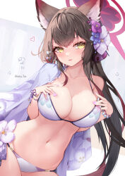 Rule 34 | 1girl, absurdres, animal ears, bare shoulders, bead bracelet, beads, bikini, black hair, blue archive, bracelet, breasts, bubble, capelet, cleavage, collarbone, flower, fox ears, hair flower, hair ornament, halo, halterneck, hands up, highres, jewelry, large breasts, long hair, looking at viewer, nail polish, navel, official alternate costume, open mouth, pink nails, see-through silhouette, skindentation, smile, solo, stomach, string bikini, swimsuit, very long hair, wakamo (blue archive), wakamo (swimsuit) (blue archive), wet, white bikini, white flower, yellow eyes, yeosi