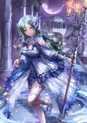 Rule 34 | 1girl, arch, bad id, bad pixiv id, barefoot, barefoot sandals (jewelry), blue dress, blue flower, blue panties, brown eyes, candle, candlestand, column, dress, fairy, flower, frilled dress, frills, gazebo, green hair, hair flower, hair ornament, hair ribbon, highres, long hair, looking at viewer, moon, night, night sky, original, outdoors, panties, pillar, pointy ears, ribbon, ripples, shente (sharkpunk), sky, solo, standing, tress ribbon, underwear, very long hair, water surface