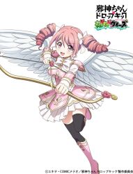 Rule 34 | 1girl, 4frogsinc, angel, angel wings, black thighhighs, blush, bow (weapon), breasts, dress, drill hair, jashin-chan dropkick, large breasts, looking at viewer, open mouth, pink eyes, pink hair, pino (jashin-chan dropkick), simple background, smile, solo, thighhighs, twin drills, twintails, weapon, white background, wings