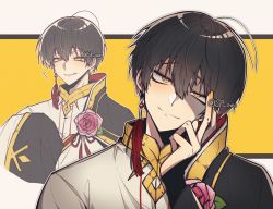 Rule 34 | 1boy, black hair, chinese clothes, flower, halloween (owo), head rest, head tilt, highres, ian (lord of heroes), looking at viewer, lord of heroes, nail polish, pale skin, rose, smirk, yellow eyes