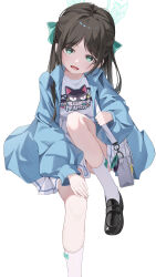 Rule 34 | 1girl, absurdres, airi (band) (blue archive), airi (blue archive), black footwear, black hair, blue archive, blue jacket, dowal, foot out of frame, green eyes, green ribbon, hair ribbon, highres, jacket, long hair, long sleeves, looking at viewer, open clothes, open jacket, open mouth, pleated skirt, ribbon, shirt, shoes, simple background, skirt, smile, socks, solo, white background, white shirt, white skirt, white socks