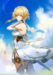 Rule 34 | 1girl, blonde hair, breasts, cloud, commentary request, day, detached sleeves, dress, from side, genshin impact, hand on own neck, highres, hoshi rasuku, lumine (genshin impact), medium breasts, outdoors, short hair with long locks, sidelocks, sky, smile, solo, standing, sword, thighhighs, weapon, white dress, white thighhighs, yellow eyes