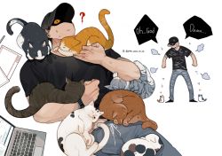Rule 34 | 1boy, 2022, ?, animal, animal on chest, animal on leg, baseball cap, black headwear, black shirt, cat, computer, dated, english text, eyes in shadow, feet out of frame, full body, fume, grey pants, hat, highres, holding, holding animal, k-bone, laptop, looking up, lying, male focus, multiple views, on back, original, pants, shirt, short sleeves, slit pupils, speech bubble, standing, sweatdrop, sweatpants, too many, too many cats, white background, yellow eyes