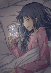 Rule 34 | 1girl, animal print, bed sheet, black hair, blue eyes, cable, cellphone, commentary request, dark room, earbuds, earphones, emia wang, from above, head on pillow, long hair, long sleeves, lying, on side, open mouth, original, pajamas, phone, pillow, pink pajamas, rabbit pajamas, rabbit print, smartphone, solo, under covers