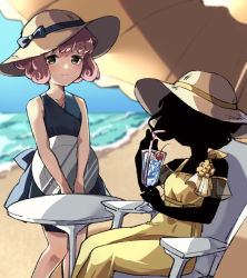 Rule 34 | 2girls, beach, black hair, black skin, bow, chair, cherry, cocktail glass, colored skin, cup, dress, drinking glass, food, fruit, hair bow, hat, holding, looking at viewer, lou (shadows house), louise (shadows house), multiple girls, ocean, outdoors, parasol, red hair, round table, sand, shadow (shadows house), shadows house, short hair, sitting, smile, standing, straw hat, table, umbrella, yellow dress, yellow eyes, yomo (yomooo1313)