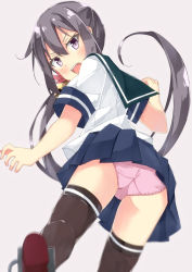 Rule 34 | 1girl, akebono (kancolle), bell, beritabo, blue skirt, blush, brown thighhighs, commentary request, flower, green sailor collar, grey background, hair bell, hair between eyes, hair flower, hair ornament, jingle bell, kantai collection, long hair, looking at viewer, looking back, open mouth, panties, pink panties, pleated skirt, purple eyes, purple hair, red flower, sailor collar, school uniform, serafuku, shirt, short sleeves, side ponytail, sidelocks, simple background, skirt, solo, standing, standing on one leg, thighhighs, underwear, v-shaped eyebrows, very long hair, white shirt