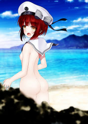 Rule 34 | 10s, 1girl, absurdres, ass, bad id, bad pixiv id, beach, blush, bow, brown hair, clothes writing, cowboy shot, day, flat chest, hat, hat bow, heart, heart-shaped pupils, highres, inu no utage, jewelry, kantai collection, looking at viewer, looking back, nipples, nude, open mouth, ring, sailor collar, sailor hat, short hair, solo, symbol-shaped pupils, wedding band, yellow eyes, z3 max schultz (kancolle)