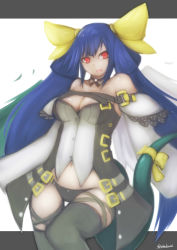 Rule 34 | 1girl, absurdres, akahuzi, bad id, bad pixiv id, black panties, black thighhighs, blue hair, bow, breasts, cleavage, commentary, dizzy (guilty gear), guilty gear, guilty gear x, hair bow, highres, large breasts, long hair, looking at viewer, navel, panties, red eyes, solo, tail, tail bow, tail ornament, thighhighs, twitter username, underwear, yellow bow