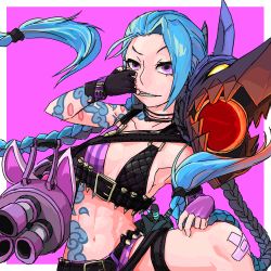 Rule 34 | 1girl, blue hair, braid, gloves, hairline, i-pan, jinx (league of legends), league of legends, pink eyes, tattoo, twin braids, twintails, weapon