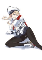Rule 34 | 10s, 1girl, between breasts, black pantyhose, blonde hair, blue eyes, blush, breasts, capelet, celtic knot, cleavage, clenched teeth, covered erect nipples, cross, female focus, gloves, graf zeppelin (kancolle), hat, iron cross, kantai collection, large breasts, lying, makishima azusa, miniskirt, necktie, necktie between breasts, no bra, on side, open clothes, open shirt, pantyhose, peaked cap, shirt, short hair, sidelocks, simple background, skirt, solo, sweatdrop, teeth, tsurime, uniform, white background, white gloves