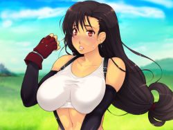 Rule 34 | 1990s (style), 1girl, bare shoulders, blush, breasts, cloud, earrings, elbow gloves, final fantasy, final fantasy vii, gloves, grass, jewelry, large breasts, looking at viewer, navel, red eyes, retro artstyle, sky, solo, square enix, standing, suspenders, sweat, tank top, tifa lockhart, yoko juusuke