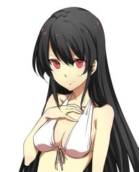 Rule 34 | 10s, 1girl, akame (akame ga kill!), akame ga kill!, arm at side, bikini, black hair, breasts, cleavage, closed mouth, from side, front-tie bikini top, front-tie top, hair between eyes, hand on own chest, hand up, highres, light smile, long hair, looking at viewer, official art, parted bangs, red eyes, sideboob, sidelocks, simple background, small breasts, smile, solo, straight hair, swimsuit, tashiro tetsuya, upper body, very long hair, white background, white bikini