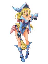 Rule 34 | 1girl, bare shoulders, blonde hair, blue footwear, boots, breasts, cleavage, dark magician girl, duel monster, full body, gloves, hair between eyes, hat, highres, holding, holding wand, long hair, rokuta66, simple background, solo, standing, wand, white background, wizard hat, yu-gi-oh!, yu-gi-oh! duel monsters