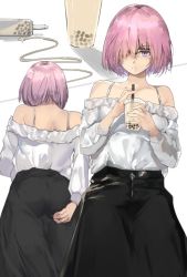 Rule 34 | 1girl, alternate costume, ass grab, bare shoulders, black skirt, bubble tea, cafe au lait (kafeore), commentary request, cup, enema, fate/grand order, fate (series), glasses, grabbing own ass, hair over one eye, holding, holding cup, long skirt, mash kyrielight, multiple views, off-shoulder shirt, off shoulder, pink hair, purple eyes, shirt, short hair, skirt